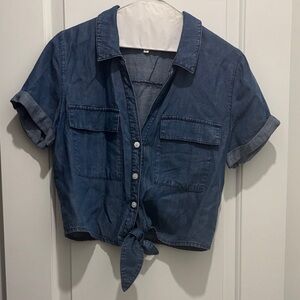 Dynamite blue jean crop shirt with tie size small